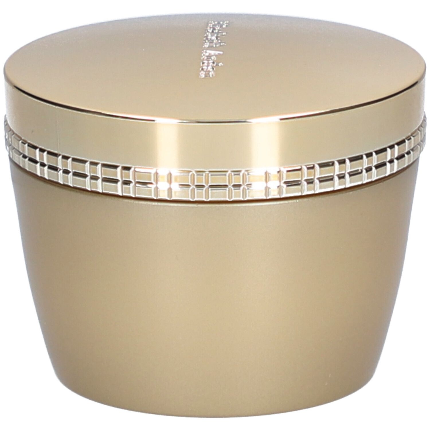 Vaso dorato con coperchio. Scritta sul coperchio. Anello con motivo quadrato. Prodotto cosmetico.