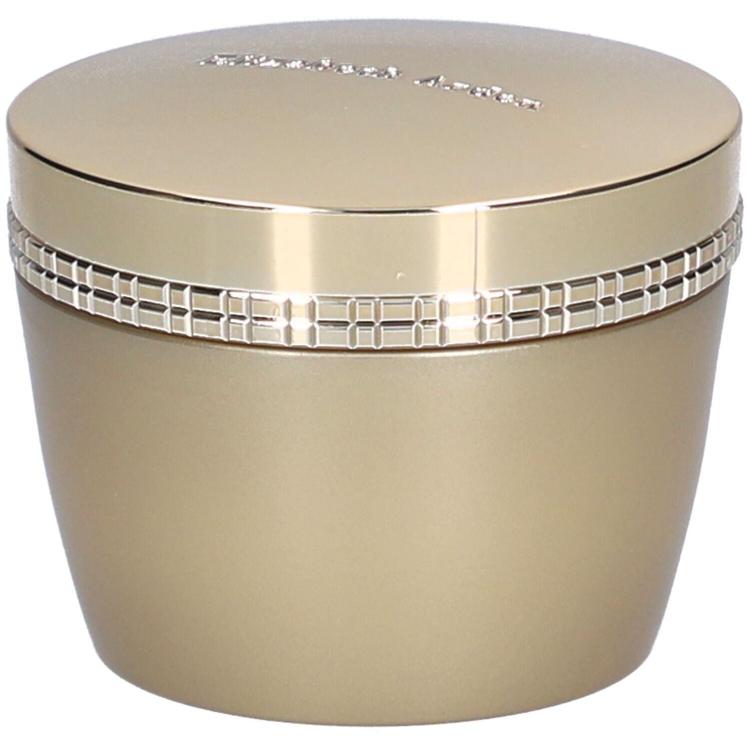 Vaso dorato con coperchio. Scritta sul coperchio. Anello con motivo quadrato. Prodotto cosmetico.