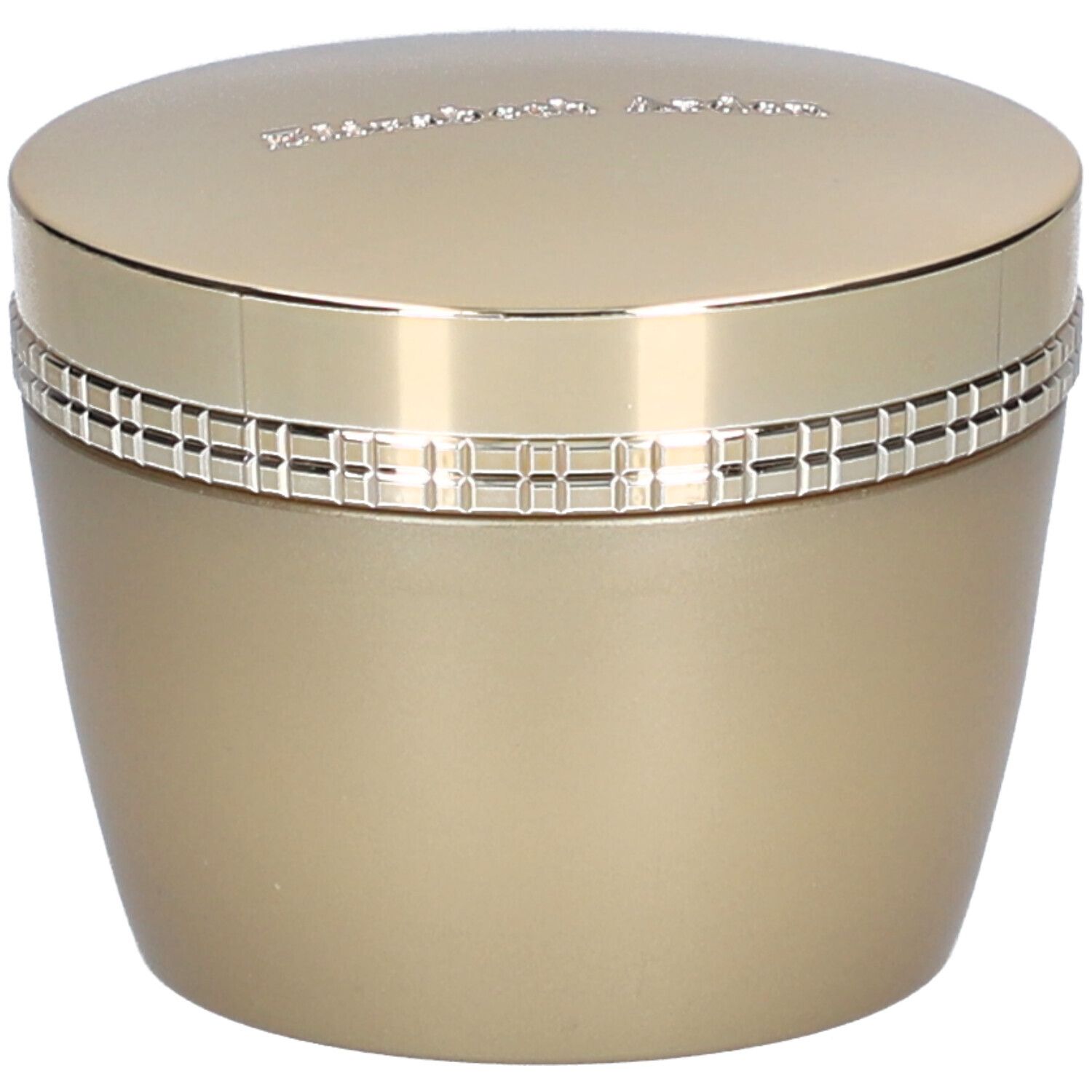 Vaso dorato con coperchio. Scritta sul coperchio. Anello con motivo quadrato. Prodotto cosmetico.