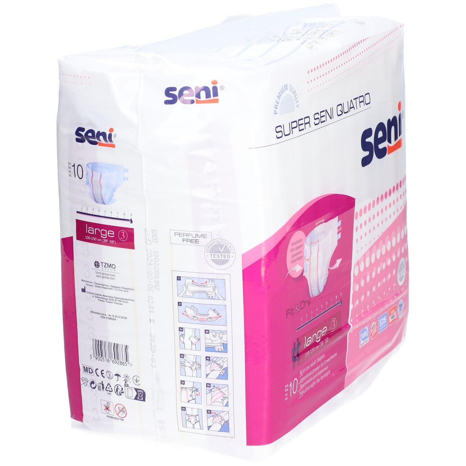 Confezione di Super Seni Quatro. Taglia Large, 10 pezzi. Immagine del prodotto e istruzioni per l'uso.