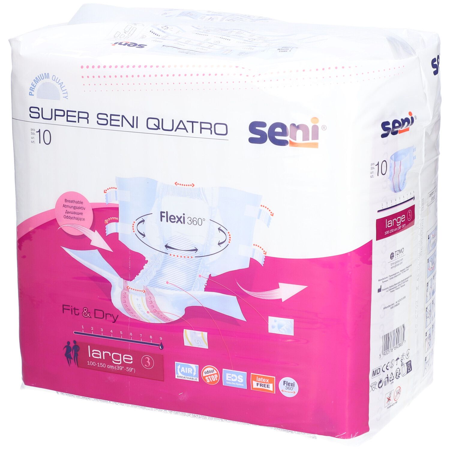 Confezione di Super Seni Quatro. Taglia Large, 10 pezzi. Immagine del prodotto e funzione Flexi360.