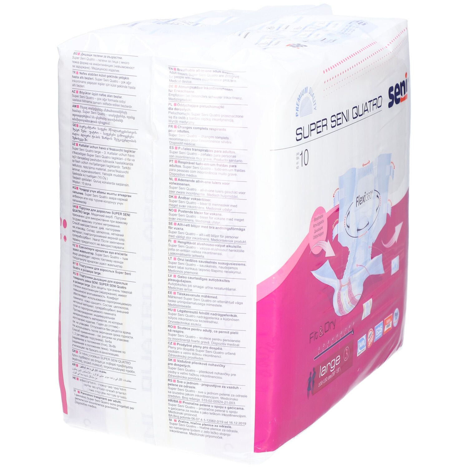 Confezione di Super Seni Quatro. Taglia Large, 10 pezzi. Immagine del prodotto e funzione Flexi360.