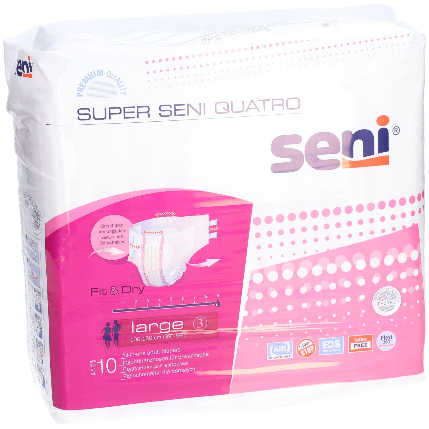 Confezione di Super Seni Quatro. Taglia Large, 10 pezzi. Design rosa e bianco con immagine del prodotto.