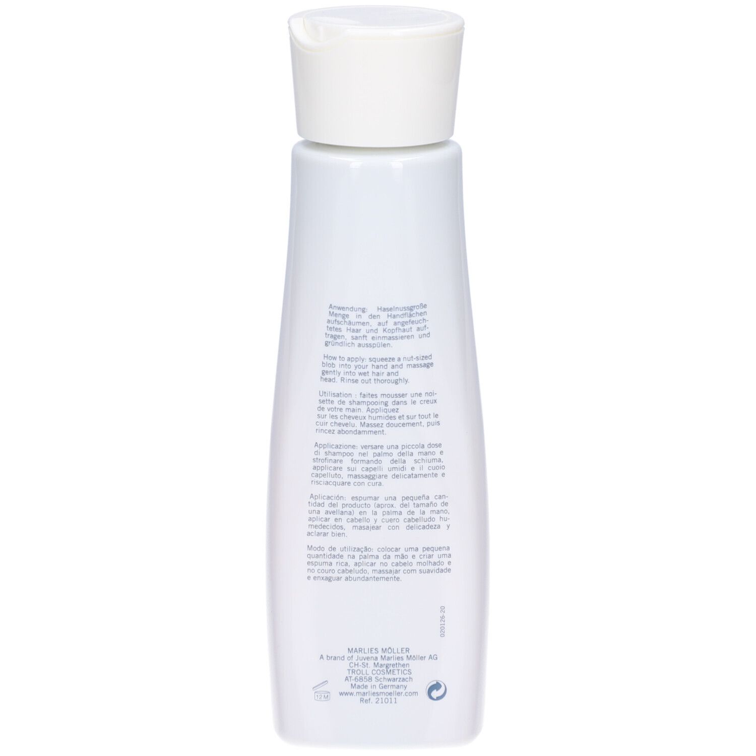 Retro del flacone di shampoo. Testo multilingue. Per capelli colorati.