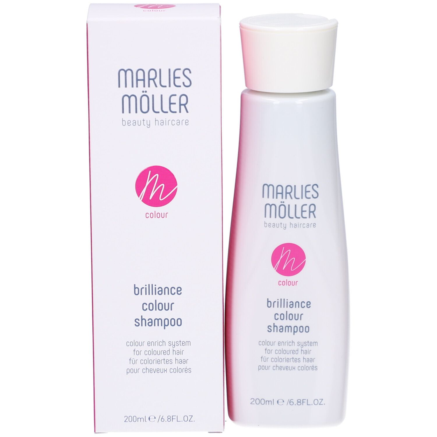 Shampoo Marlies Möller con confezione. Per capelli colorati. Logo rosa.
