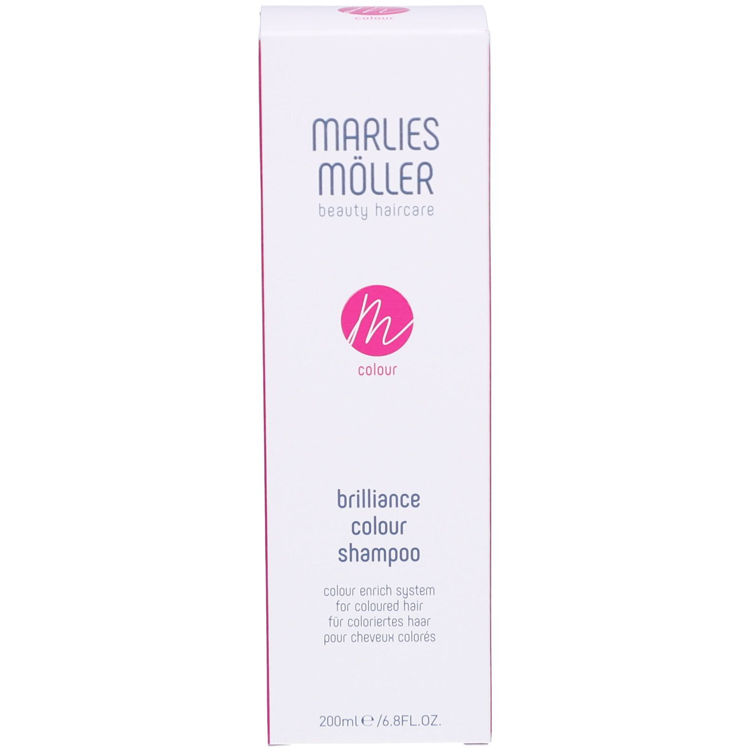 Confezione shampoo Marlies Möller. Per capelli colorati. Logo rosa.