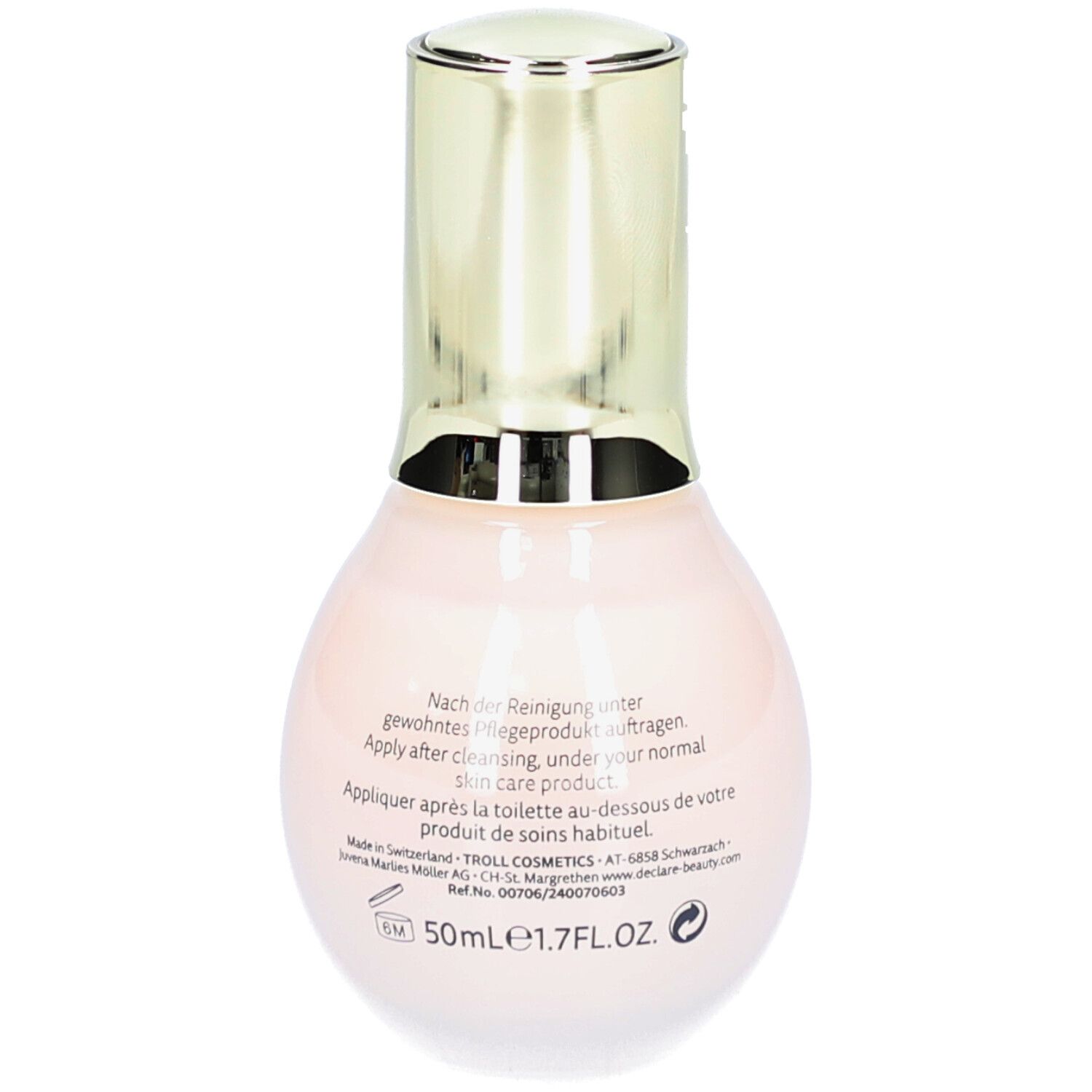Siero Anti-Irritazione Stress Balance DECLARÉ. Flacone rosa con tappo dorato. Scritte: DECLARÉ, Stress Balance, Anti-Irritation Serum.