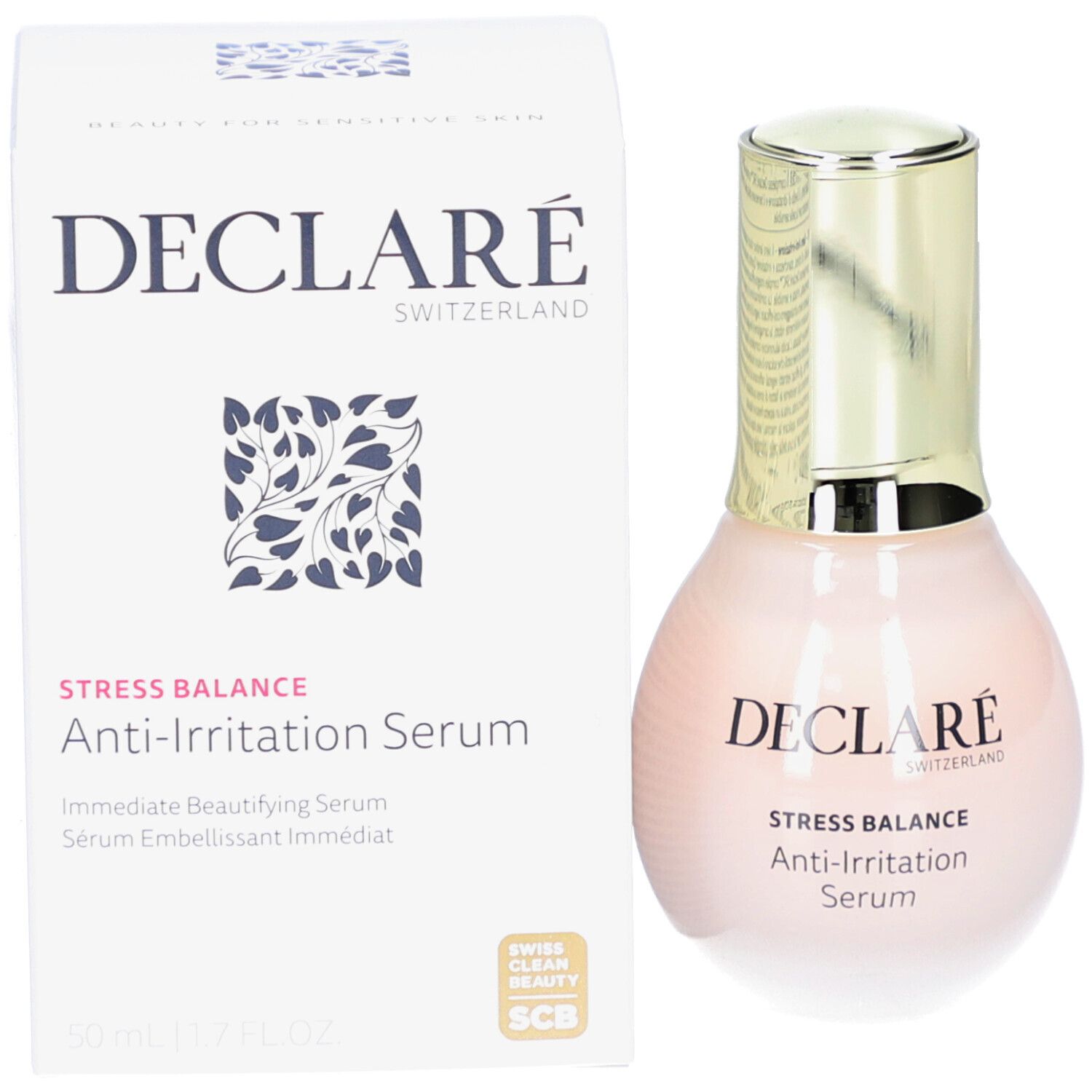 Siero Anti-Irritazione Stress Balance DECLARÉ e confezione. Flacone e scatola. Scritte: DECLARÉ, Stress Balance, Anti-Irritation Serum.