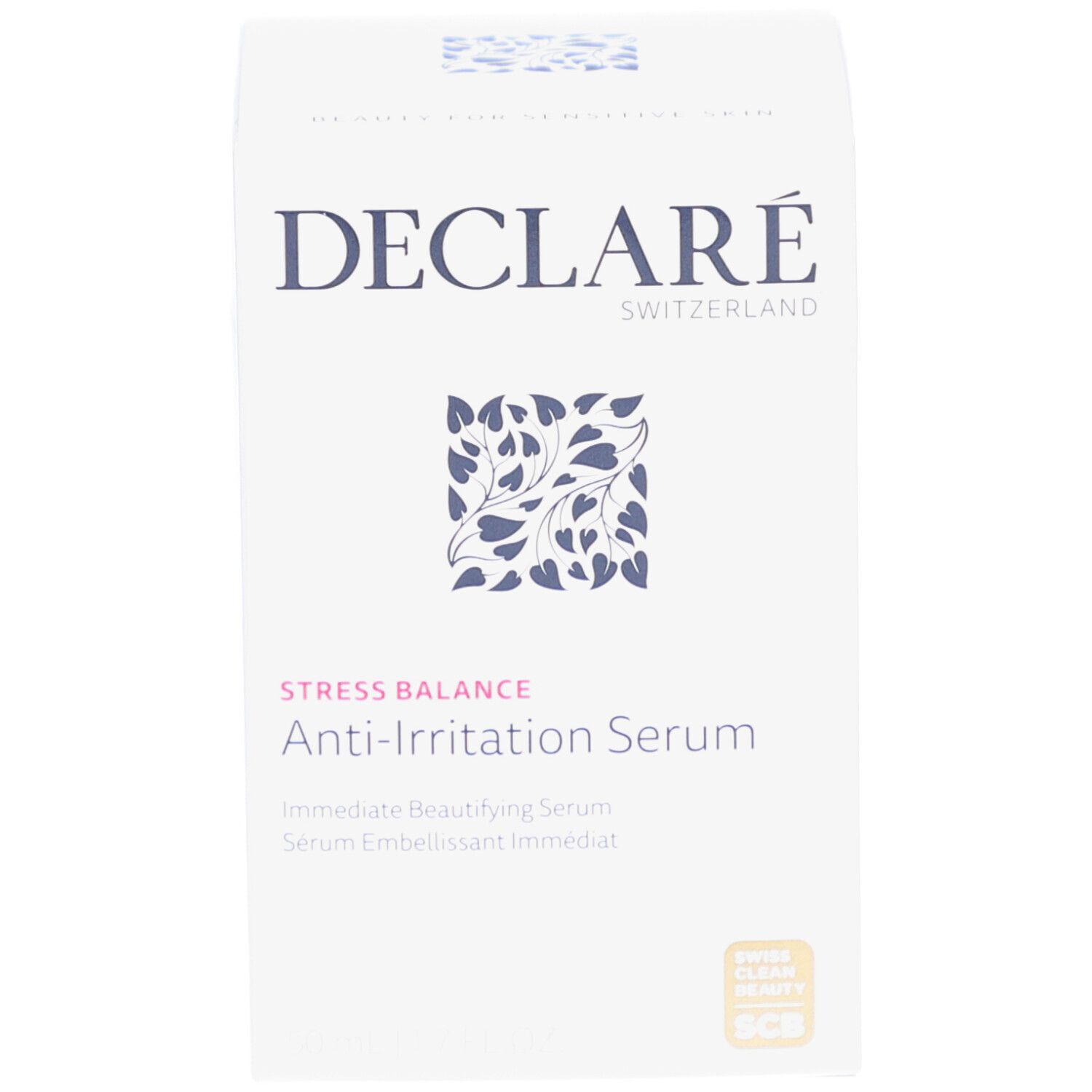 Confezione di siero Anti-Irritazione Stress Balance DECLARÉ. Scatola bianca. Scritte: DECLARÉ, Stress Balance, Anti-Irritation Serum.
