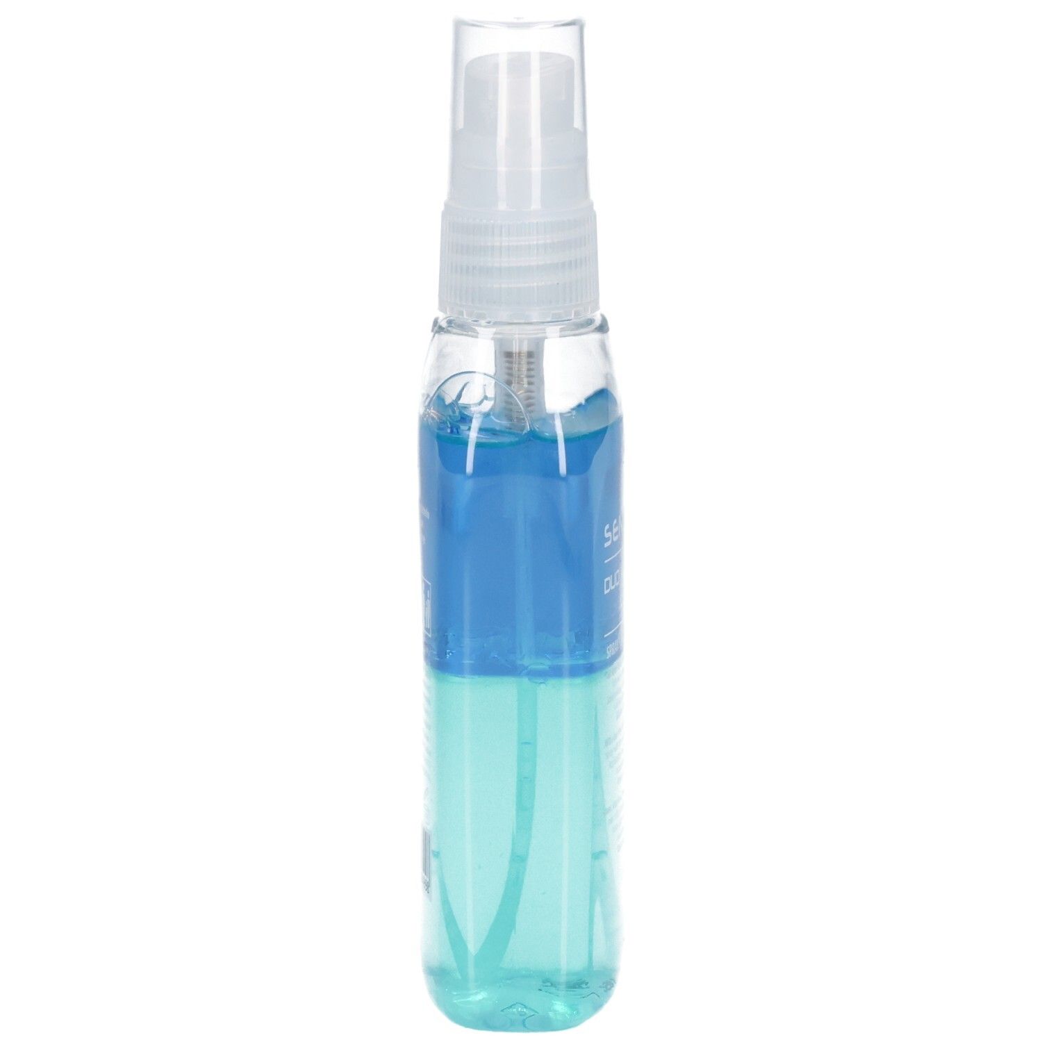 Flacone cilindrico trasparente con contenuto blu e turchese. Erogatore spray. Nome del prodotto parzialmente leggibile.