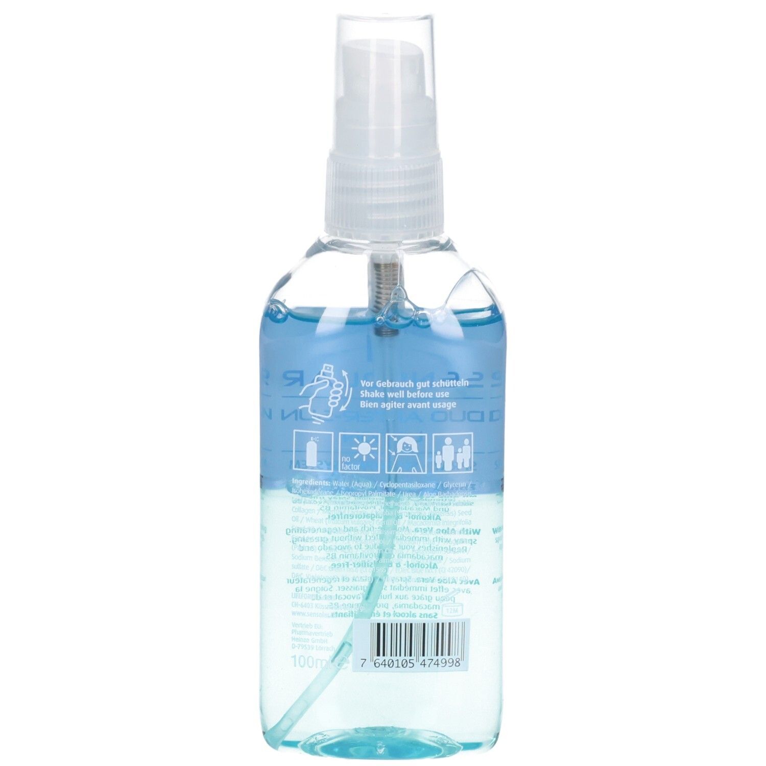 Flacone trasparente con contenuto blu e turchese. Scritte e pittogrammi sul retro. Erogatore spray.