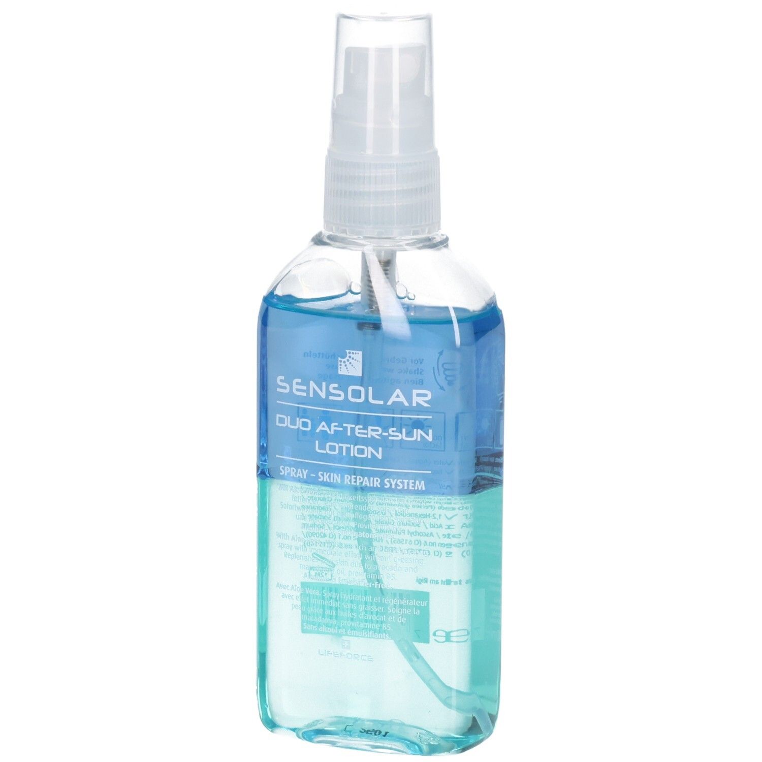Flacone trasparente con contenuto blu e turchese. Scritta: Sensolar Duo After-Sun Lotion. Erogatore spray.