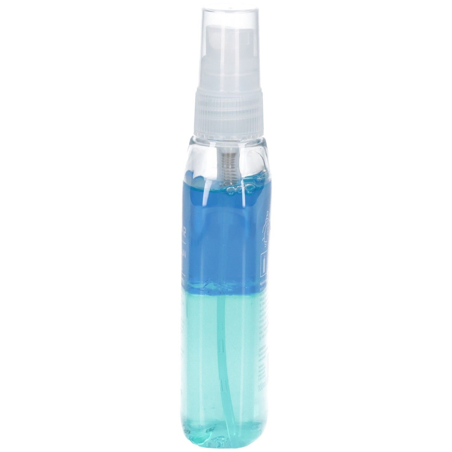 Flacone cilindrico trasparente con contenuto blu e turchese. Erogatore spray. Nome del prodotto parzialmente leggibile.