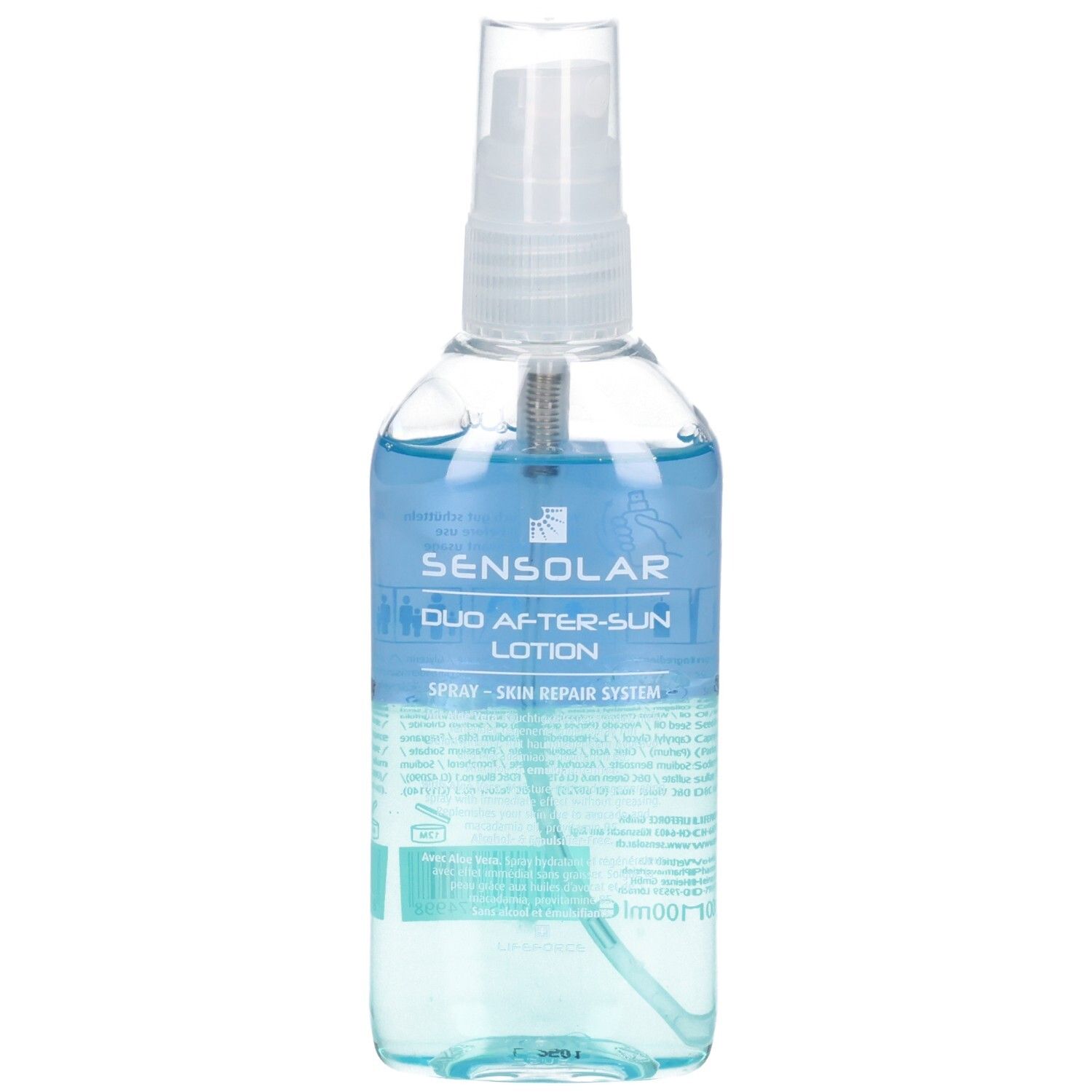 Flacone trasparente con contenuto blu e turchese. Scritta: Sensolar Duo After-Sun Lotion. Erogatore spray.