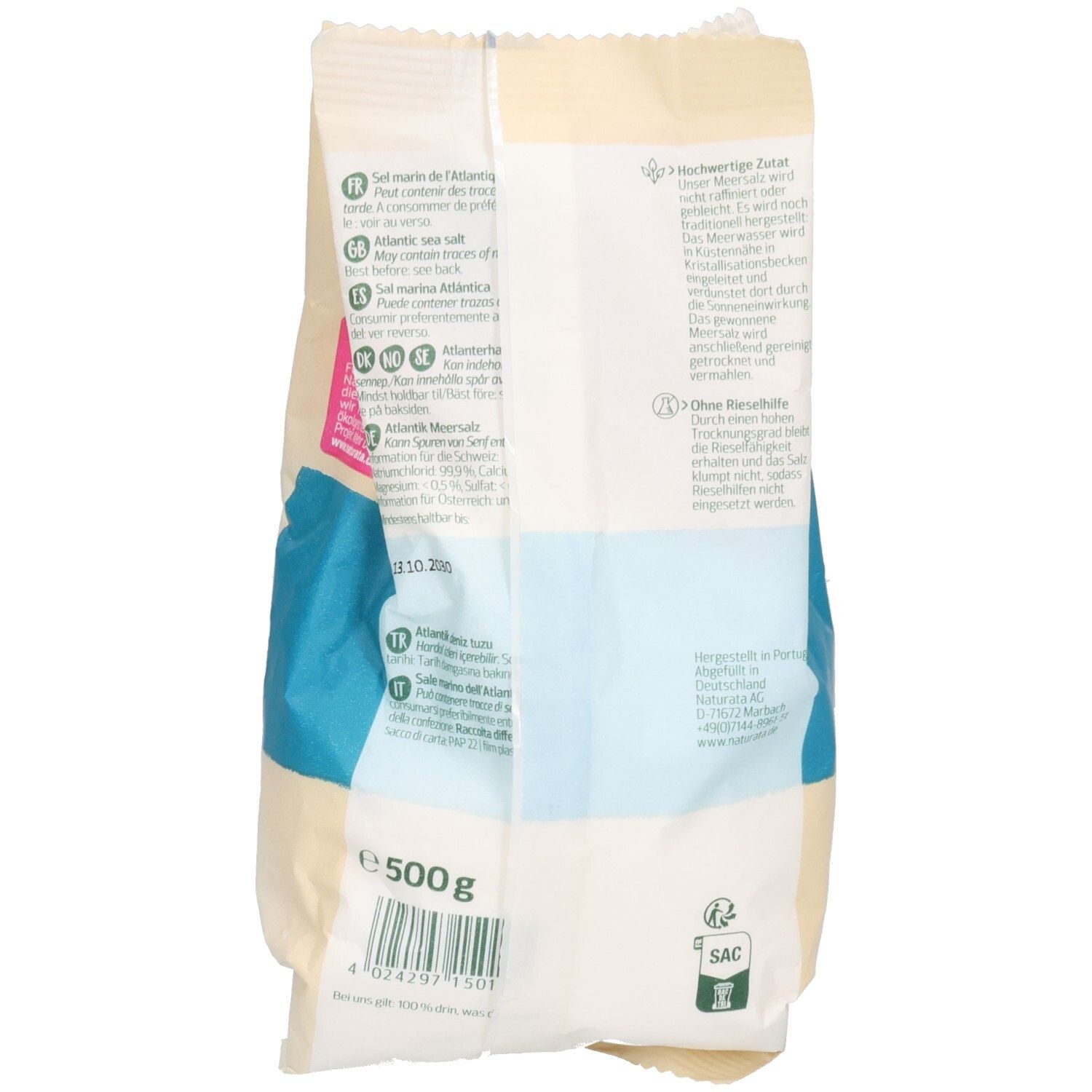 Retro della confezione di sale. Testo in più lingue. Peso: 500g. Sigillo.