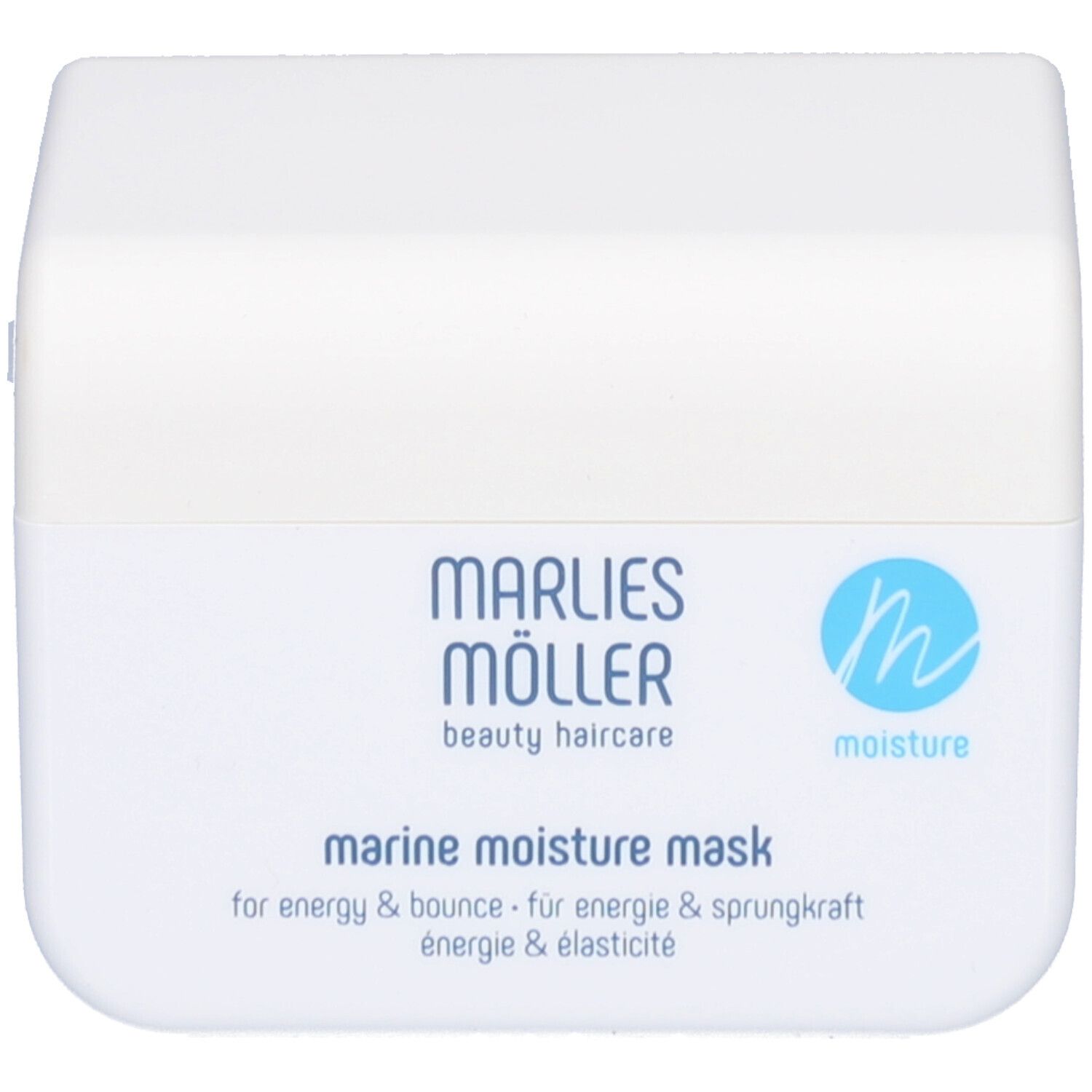 Vaso bianco con testo blu. Marlies Möller Marine Moisture Mask. Testo in tedesco, inglese e francese.