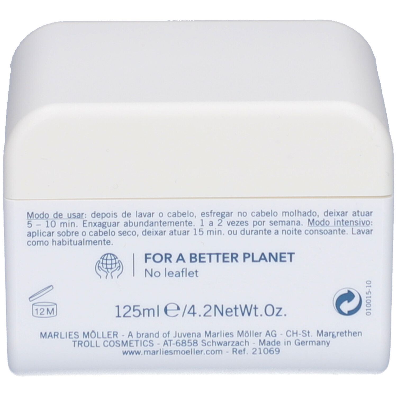 Retro del vaso bianco. Testo in più lingue. Marlies Möller Marine Moisture Mask.