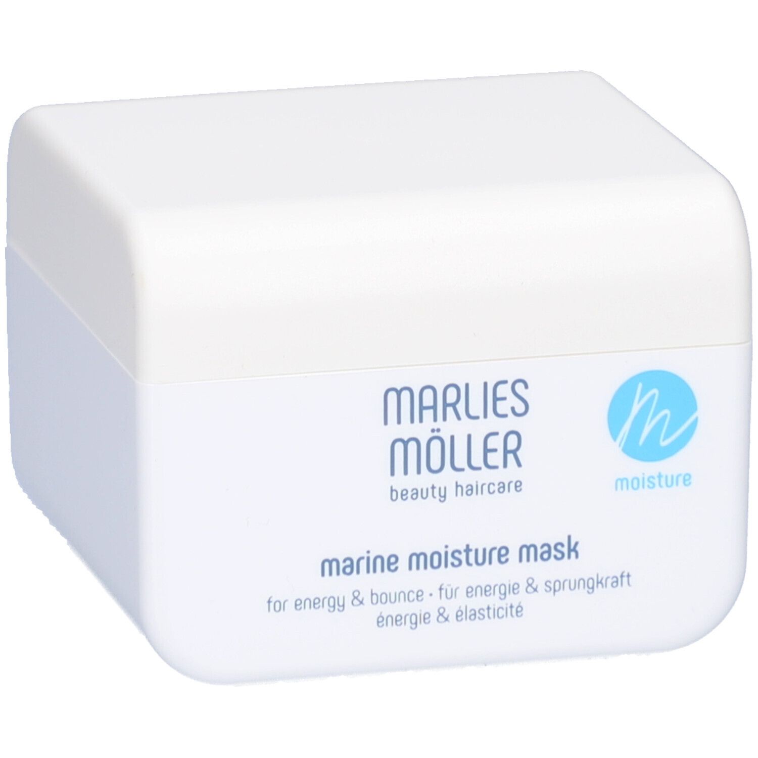 Vaso bianco con testo blu. Marlies Möller Marine Moisture Mask.