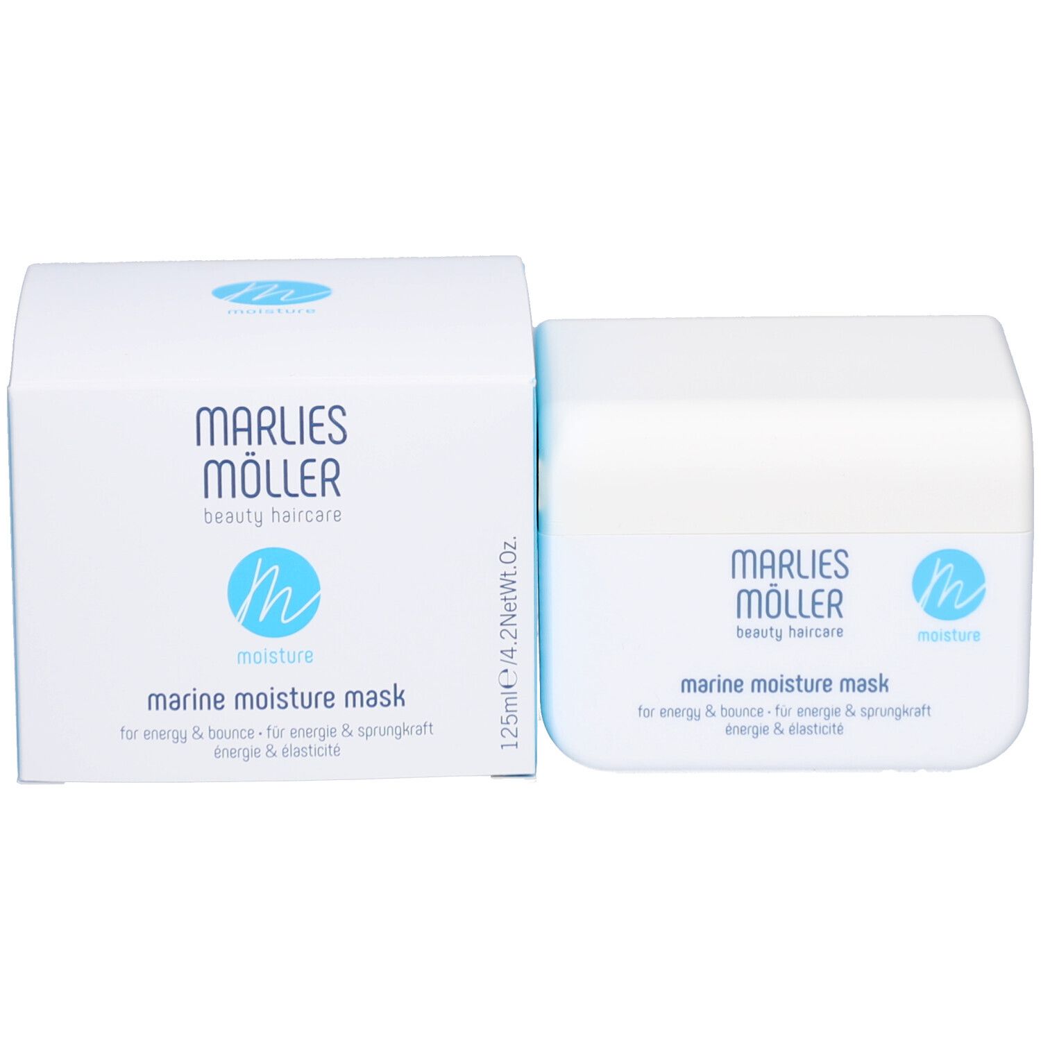 Vaso bianco con testo blu. Marlies Möller Marine Moisture Mask.