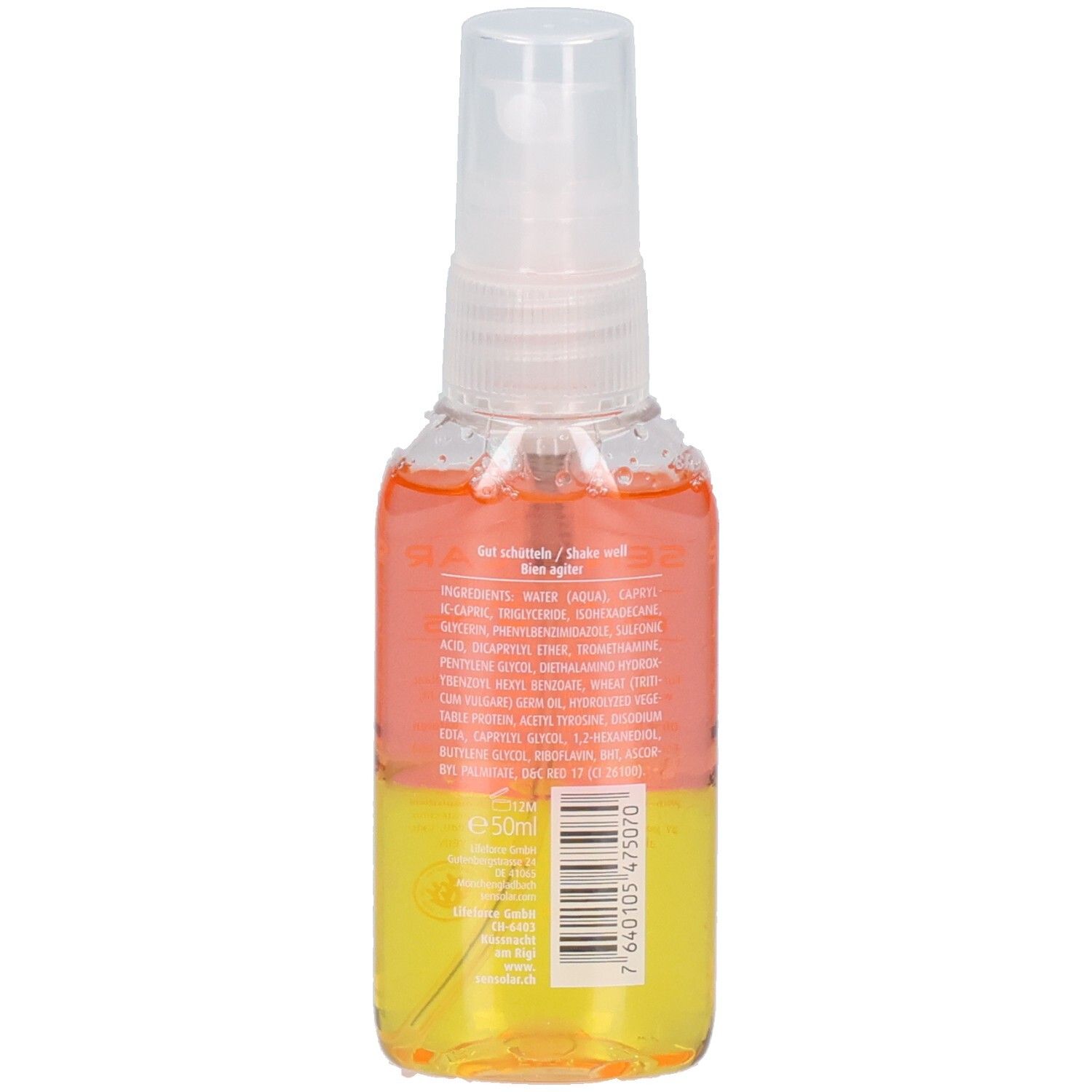 Retro del flacone spray Sensolar Sonnenschutz LSF25. Liquido giallo e arancione. Testina spray trasparente. Codice a barre e testo.