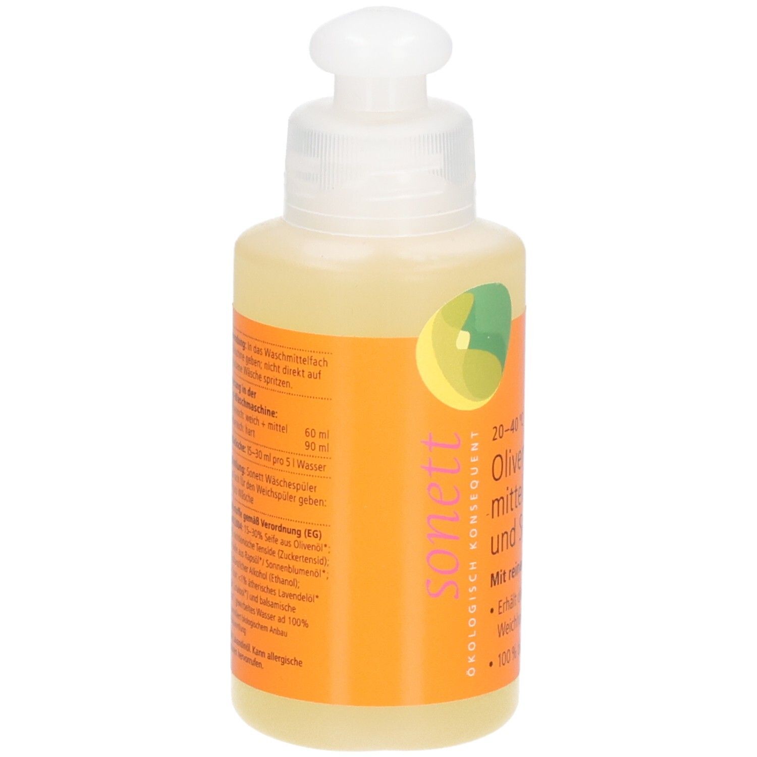Flacone di detersivo all'oliva. Retro con istruzioni per il dosaggio e ingredienti. Etichetta arancione.
