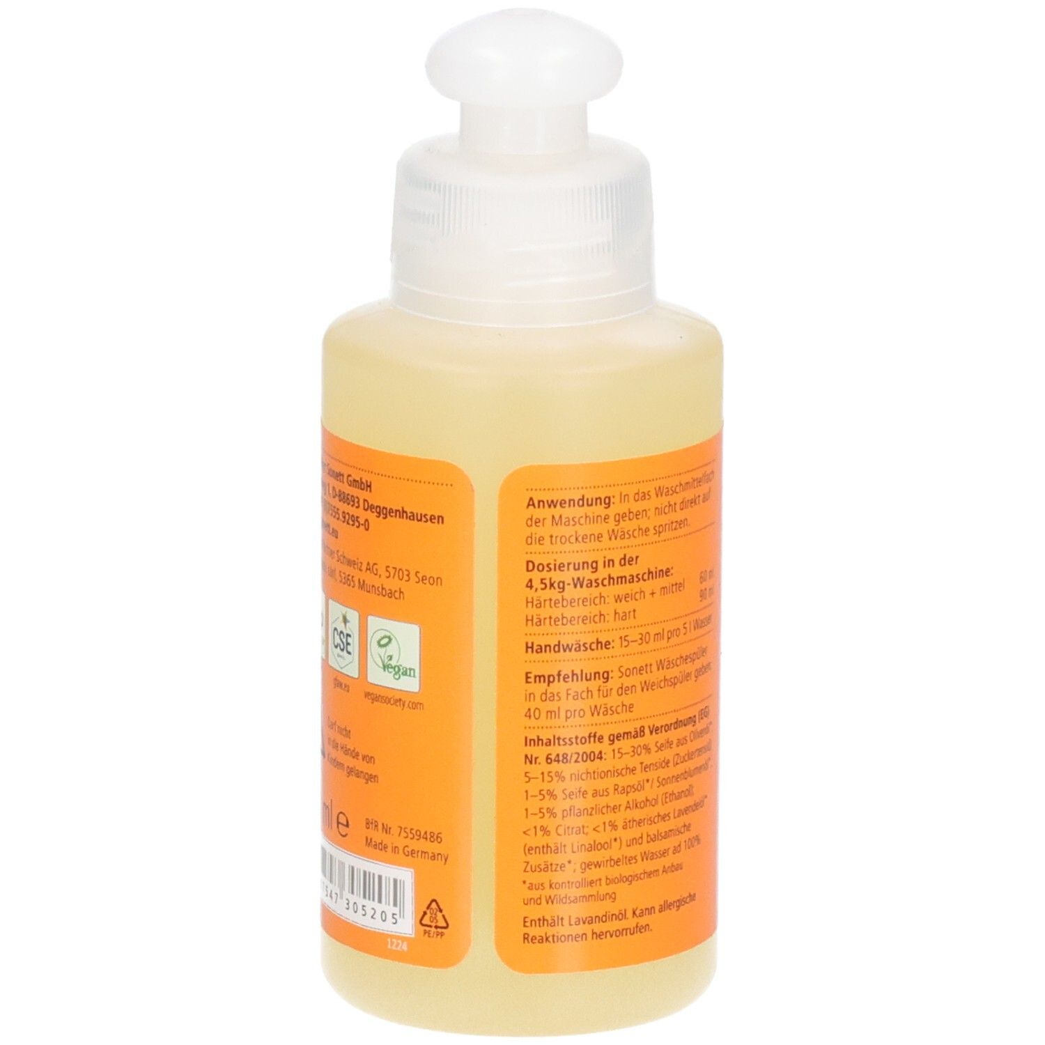 Flacone di detersivo all'oliva. Retro con informazioni del produttore e certificazioni. Etichetta arancione.