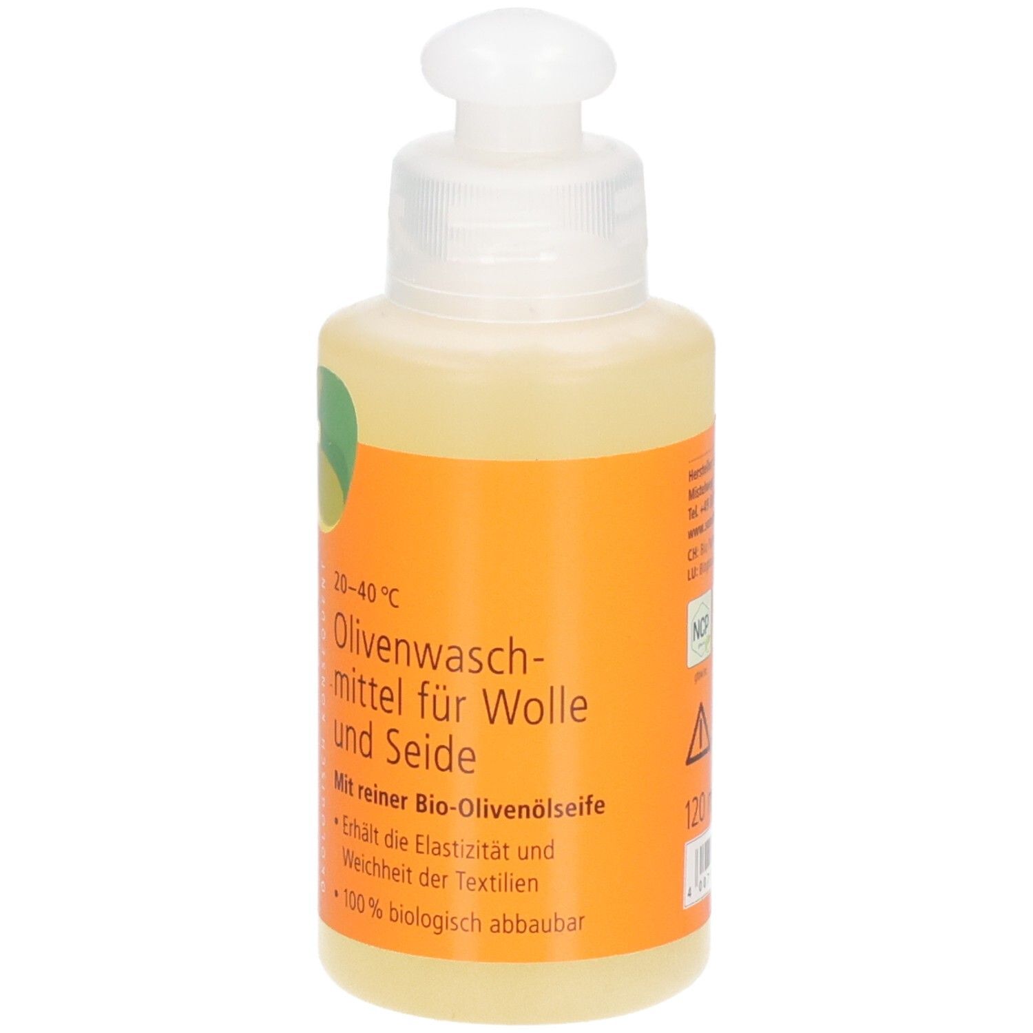 Flacone di detersivo all'oliva per lana e seta. Etichetta arancione con informazioni sul prodotto.