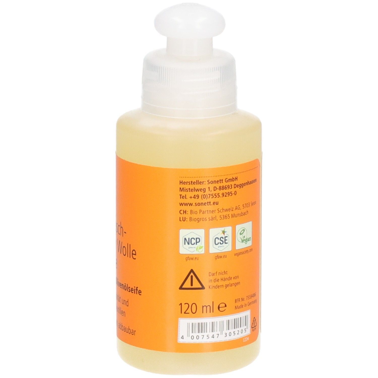 Flacone di detersivo all'oliva. Retro con informazioni del produttore e indicazione del volume: 120 ml.