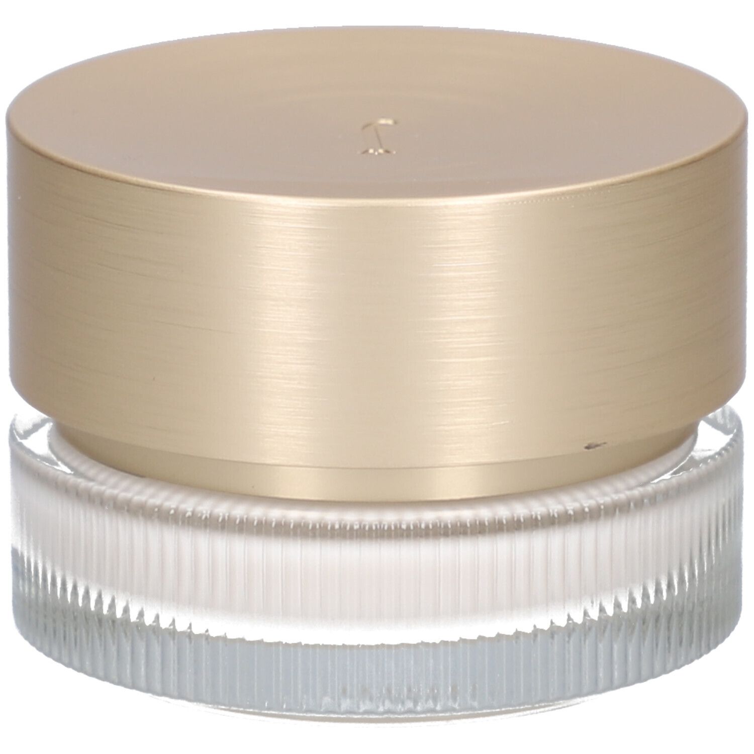 Vasetto di crema con coperchio dorato. Scritta: JUVENA OF SWITZERLAND. Vetro scanalato.