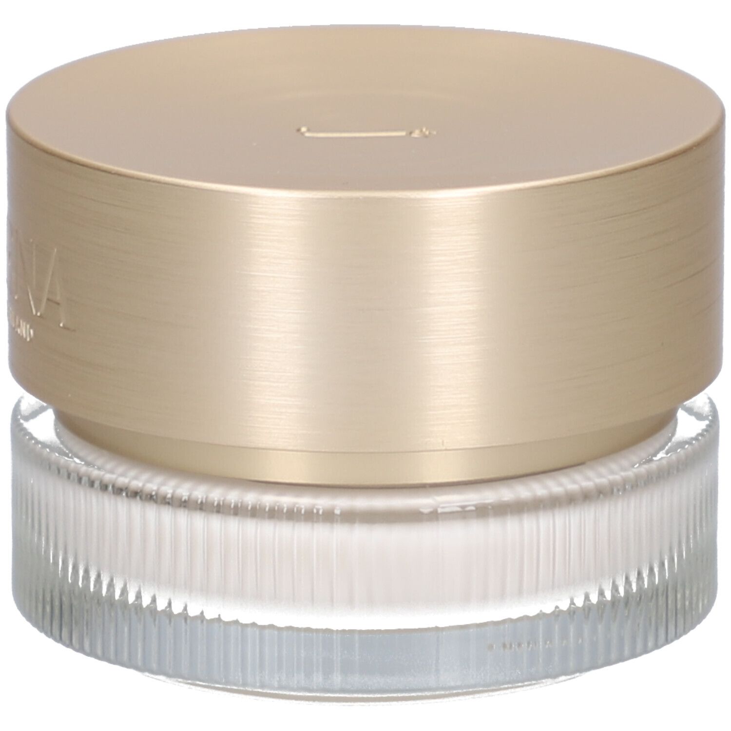 Vasetto di crema con coperchio dorato. Scritta: JUVENA OF SWITZERLAND. Vetro scanalato.