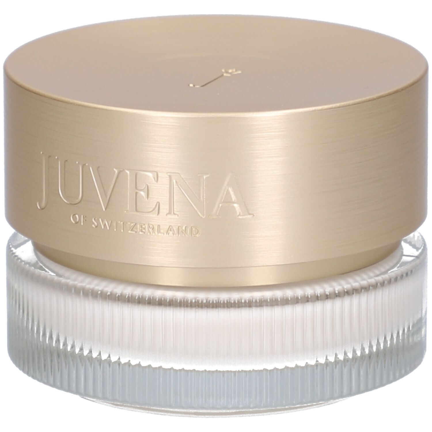 Vasetto di crema con coperchio dorato. Scritta: JUVENA OF SWITZERLAND. Vetro scanalato.