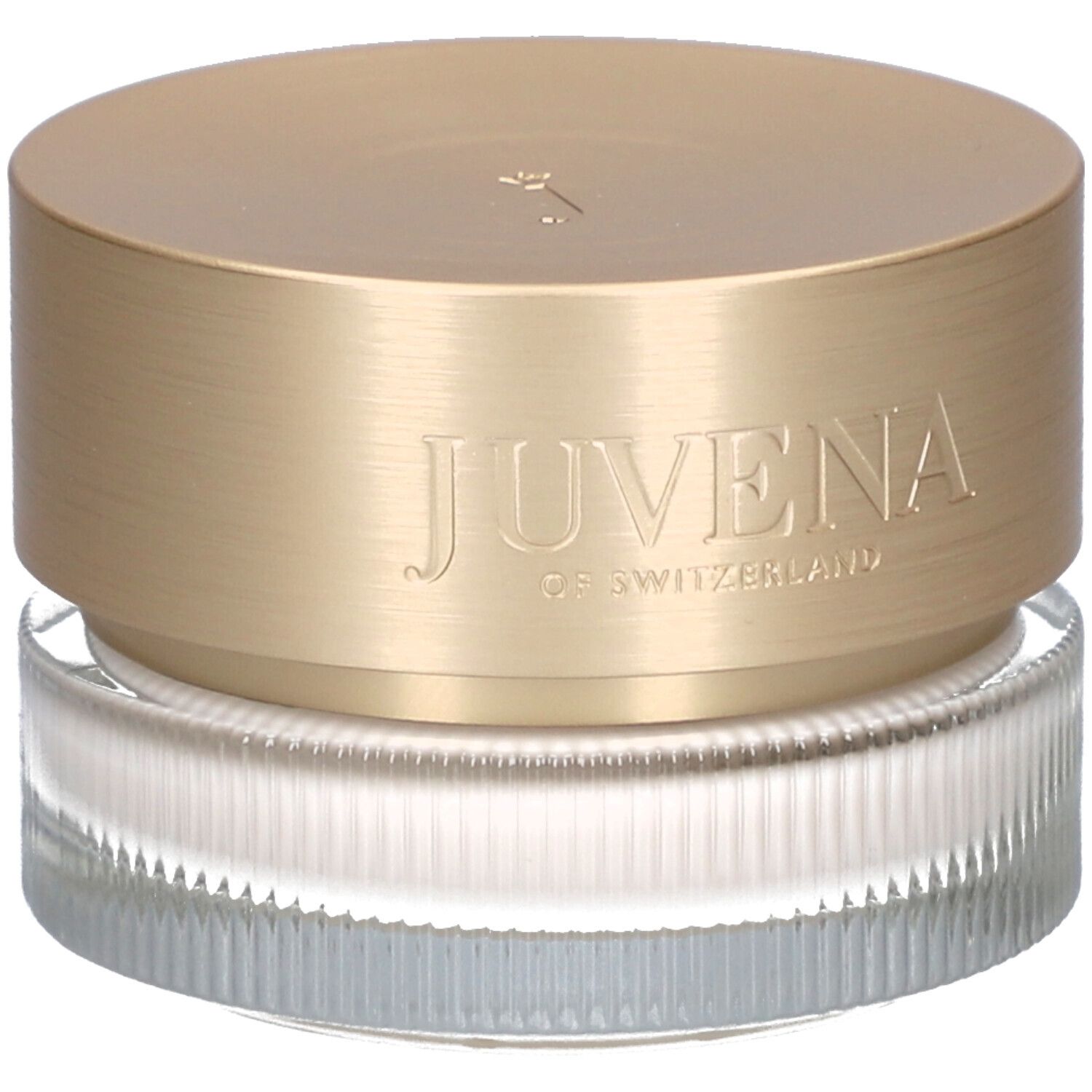 Vasetto di crema con coperchio dorato. Scritta: JUVENA OF SWITZERLAND. Vetro scanalato.