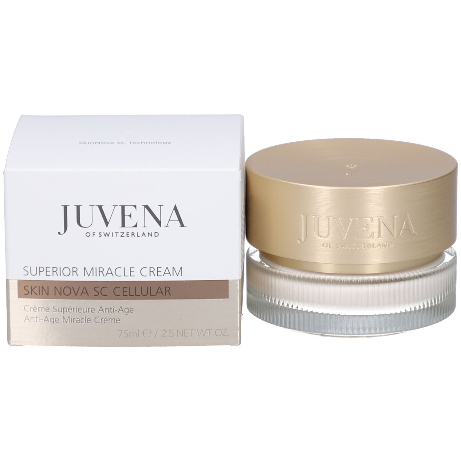 Vasetto di crema con coperchio dorato. Scritta: JUVENA OF SWITZERLAND. Vetro scanalato.