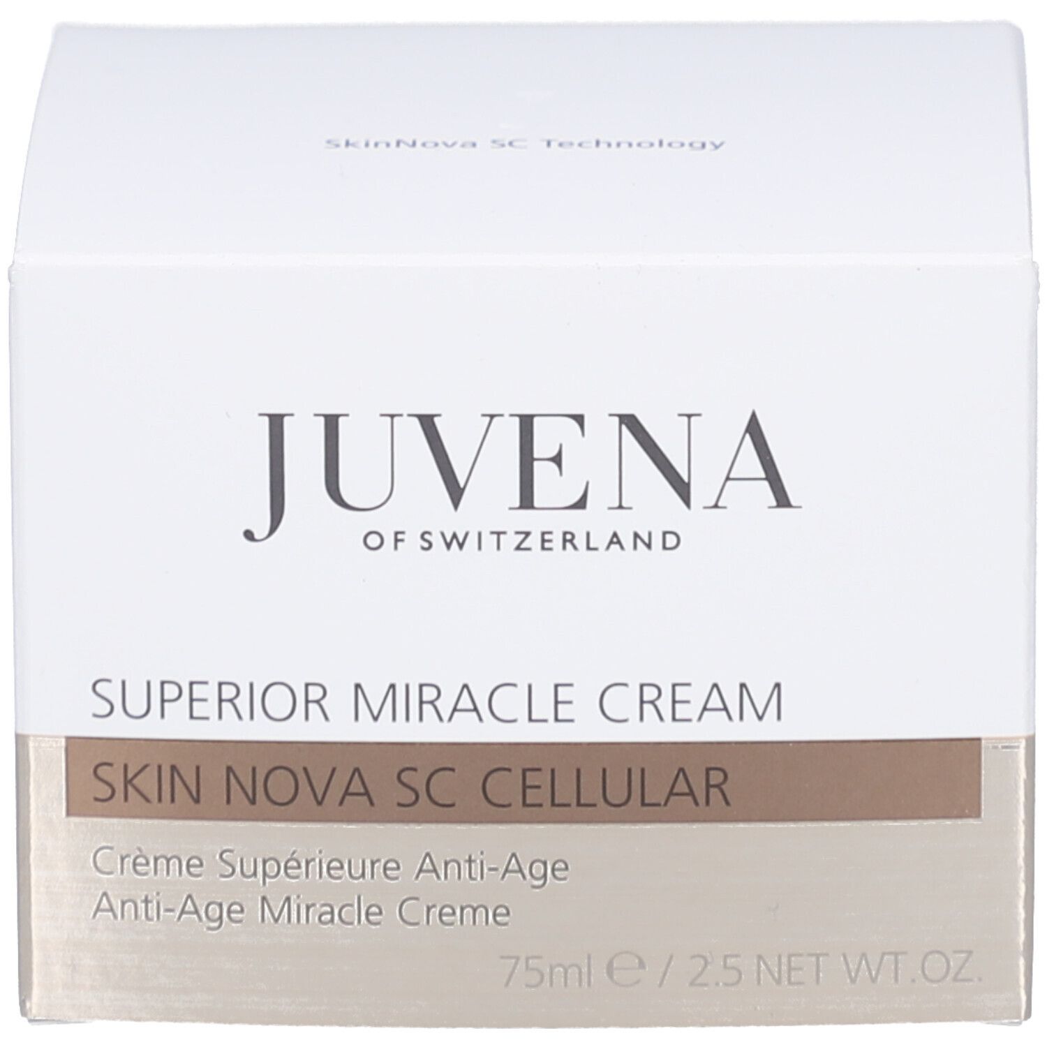 Vasetto di crema con coperchio dorato. Scritta: JUVENA OF SWITZERLAND. Vetro scanalato.