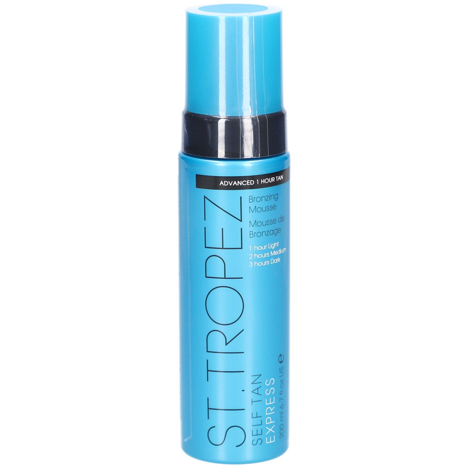 Flacone blu turchese con tappo nero. Scritta: ST. TROPEZ SELF TAN EXPRESS. Mousse abbronzante.