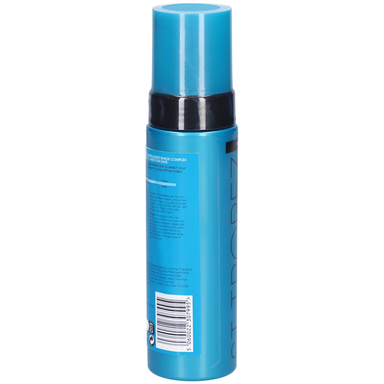 Flacone blu turchese con tappo blu. Retro con testo e codice a barre. St.Tropez Self Tan Express.