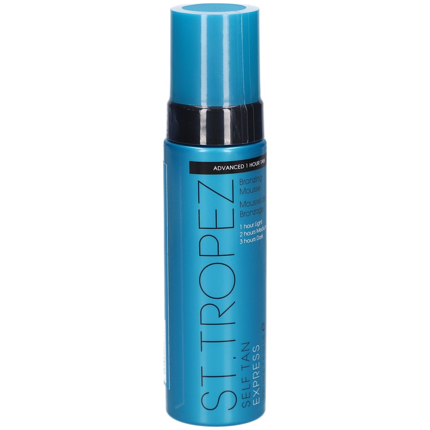 Flacone blu turchese con tappo nero. Scritta: ST. TROPEZ SELF TAN EXPRESS. Mousse abbronzante.