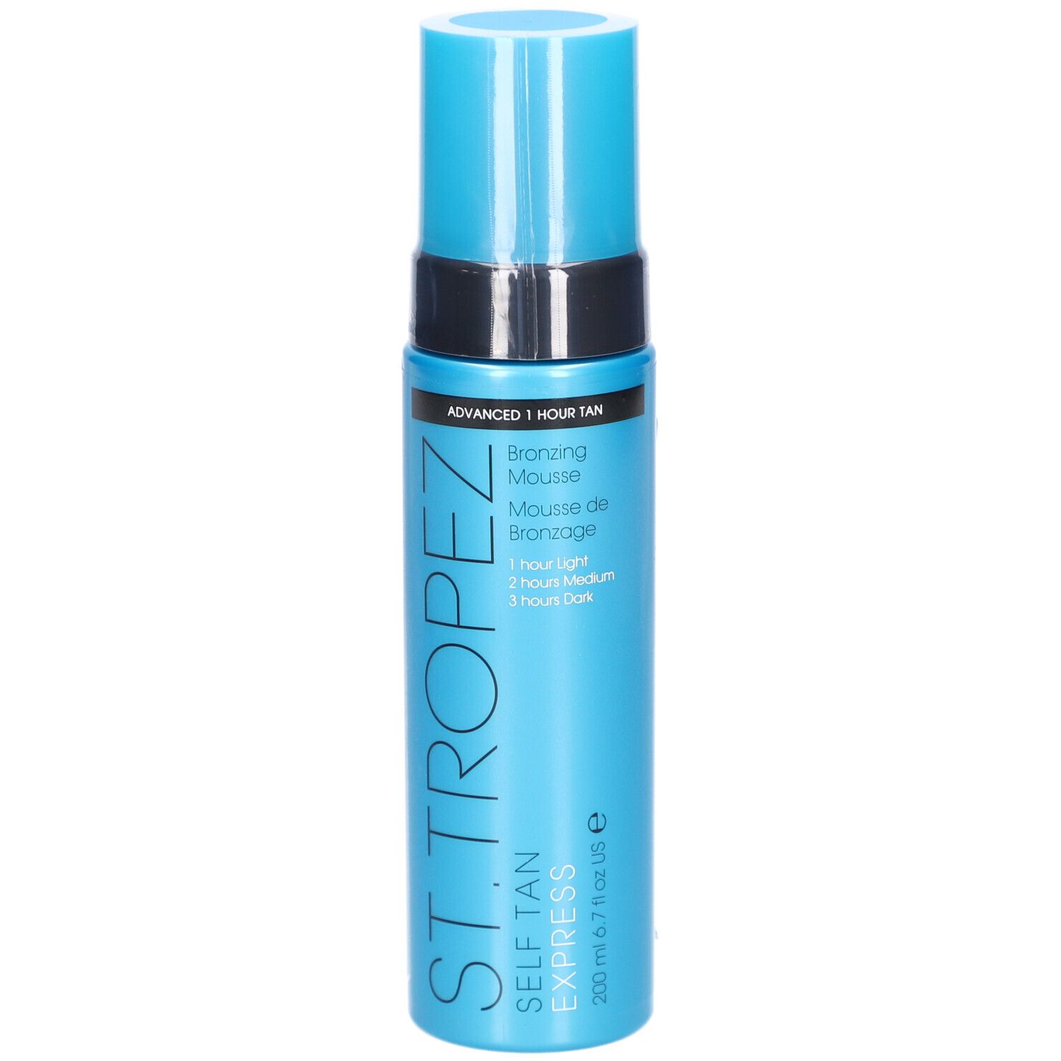 Flacone blu turchese con tappo nero. Scritta: ST. TROPEZ SELF TAN EXPRESS. Mousse abbronzante. 200 ml.