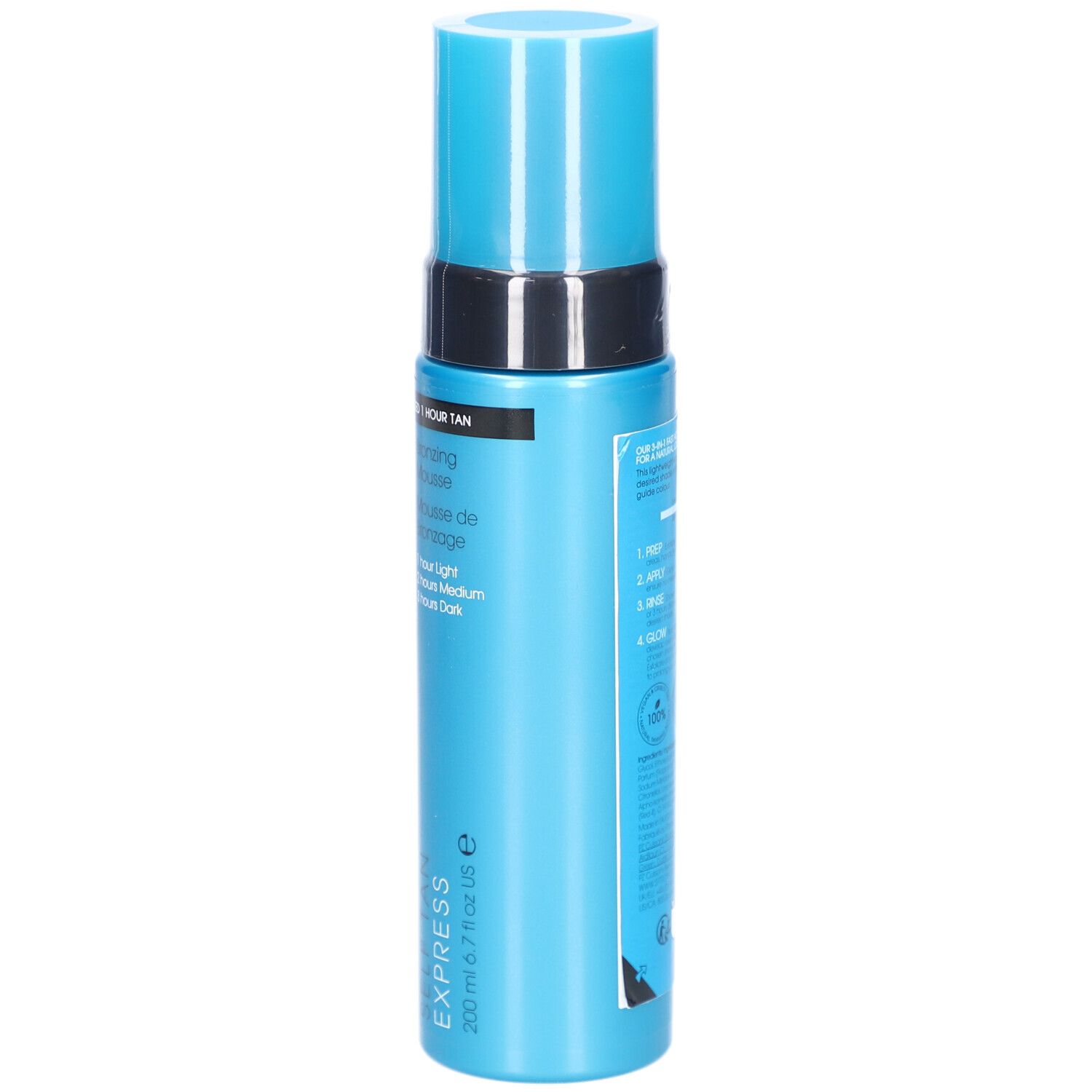 Flacone blu turchese con tappo nero. Scritta: ST. TROPEZ SELF TAN EXPRESS. Mousse abbronzante. 200 ml.