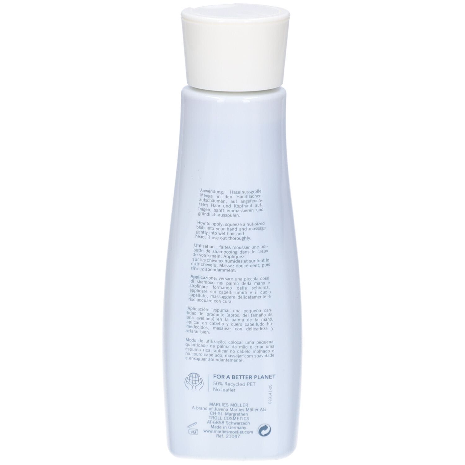 Retro dello shampoo Marlies Möller Silver Shine. Testo in più lingue. Per un pianeta migliore.