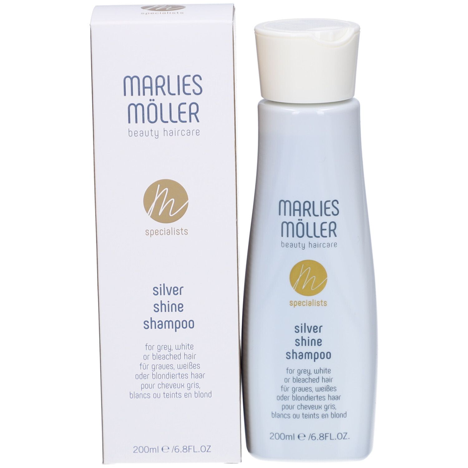 Marlies Möller Silver Shine Shampoo con confezione. Scritta: Silver Shine Shampoo. 200ml.