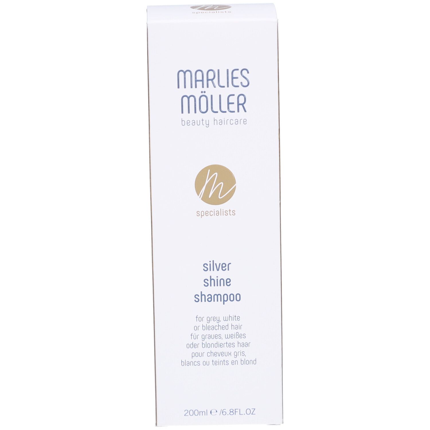 Confezione dello shampoo Marlies Möller Silver Shine. Scritta: Silver Shine Shampoo. 200ml.