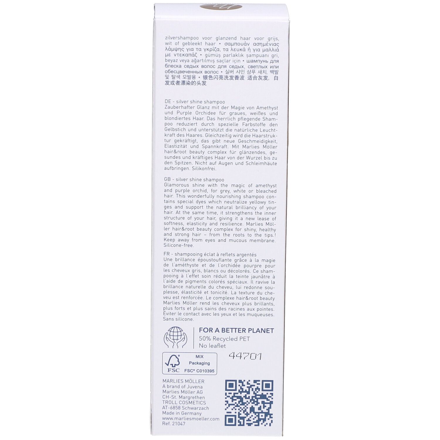 Retro della confezione dello shampoo Marlies Möller. Testo in più lingue. Per un pianeta migliore.