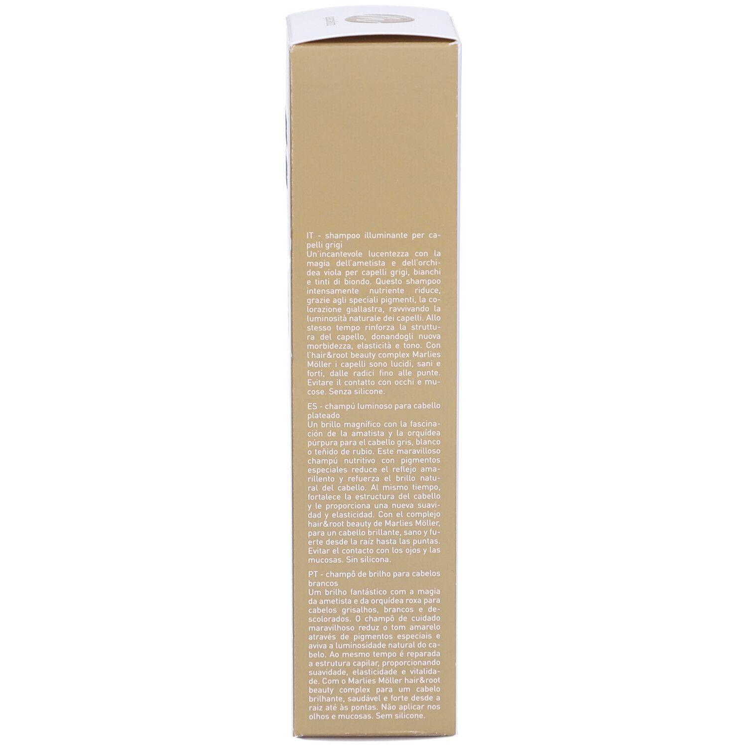 Lato della confezione dello shampoo Marlies Möller. Testo in più lingue.