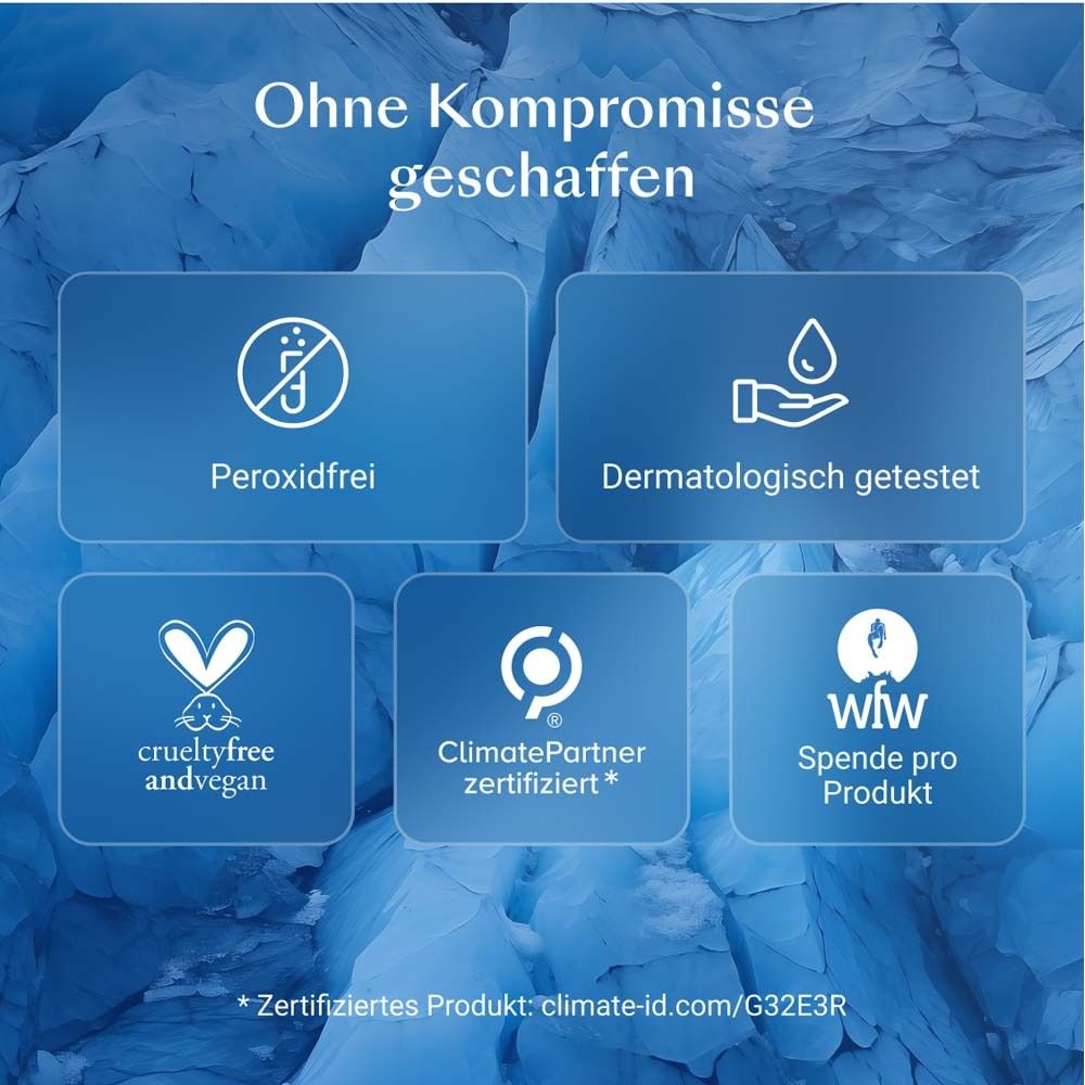 Icone: Senza perossido, dermatologicamente testato, crueltyfree, ClimatePartner, donazione per prodotto.