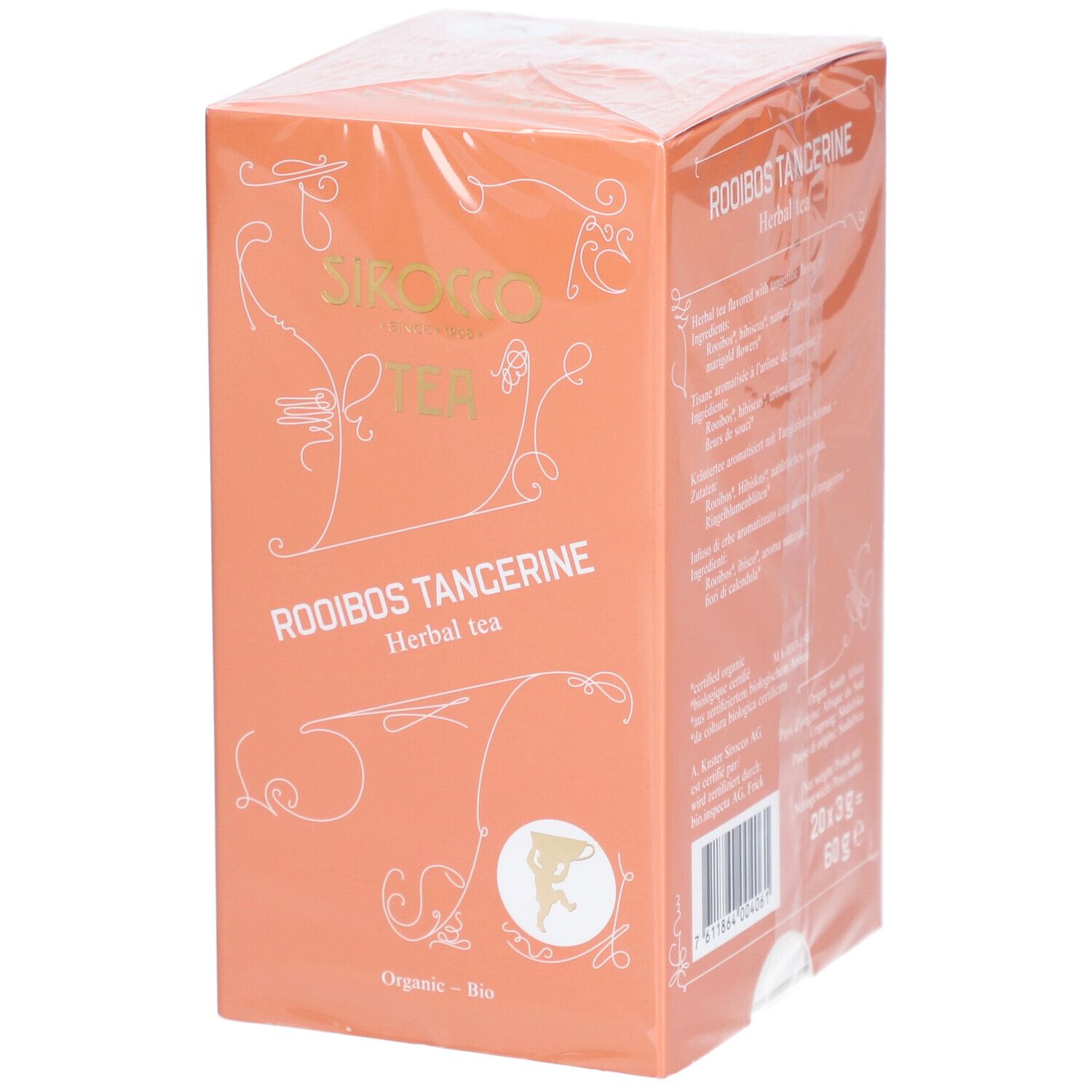 Confezione arancione con testo bianco. Scritta: Sirocco Tea, Rooibos Tangerine, Herbal tea. Sigillo Bio.