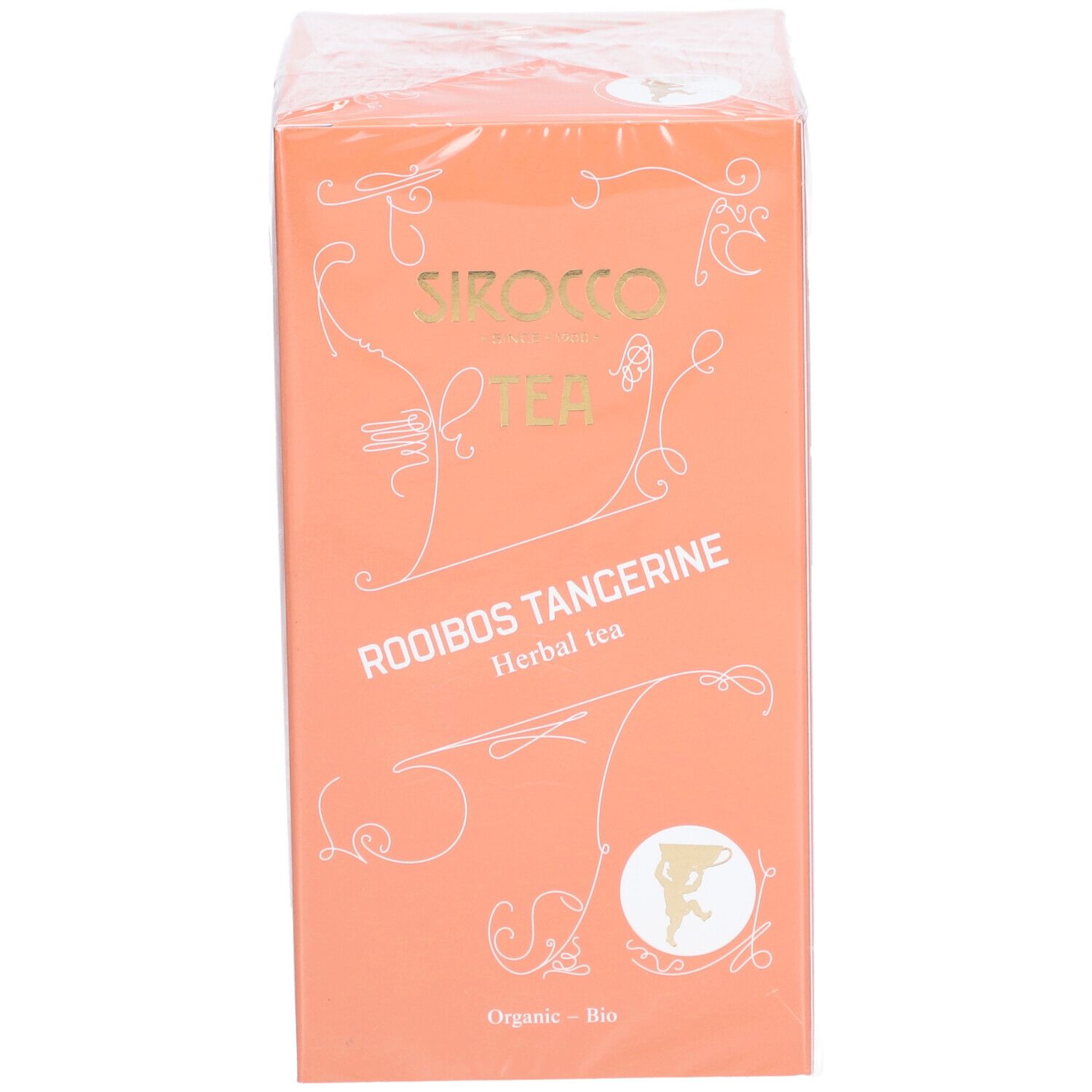 Confezione arancione in pellicola trasparente. Scritta: Sirocco Tea, Rooibos Tangerine, Herbal tea. Sigillo Bio.