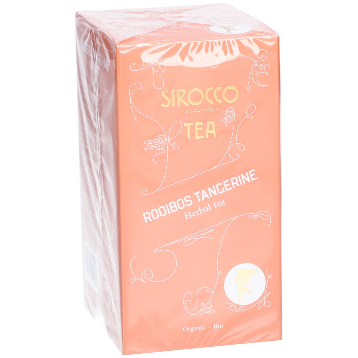 Confezione arancione in pellicola trasparente. Scritta: Sirocco Tea, Rooibos Tangerine, Herbal tea. Sigillo Bio.