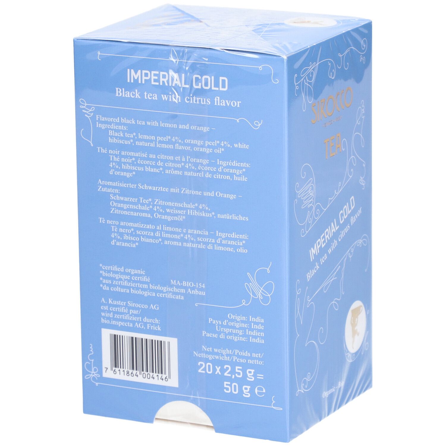 Retro della confezione azzurra. Scritta: IMPERIAL GOLD Black tea with citrus flavor. Elenco ingredienti. Informazioni su origine e peso.