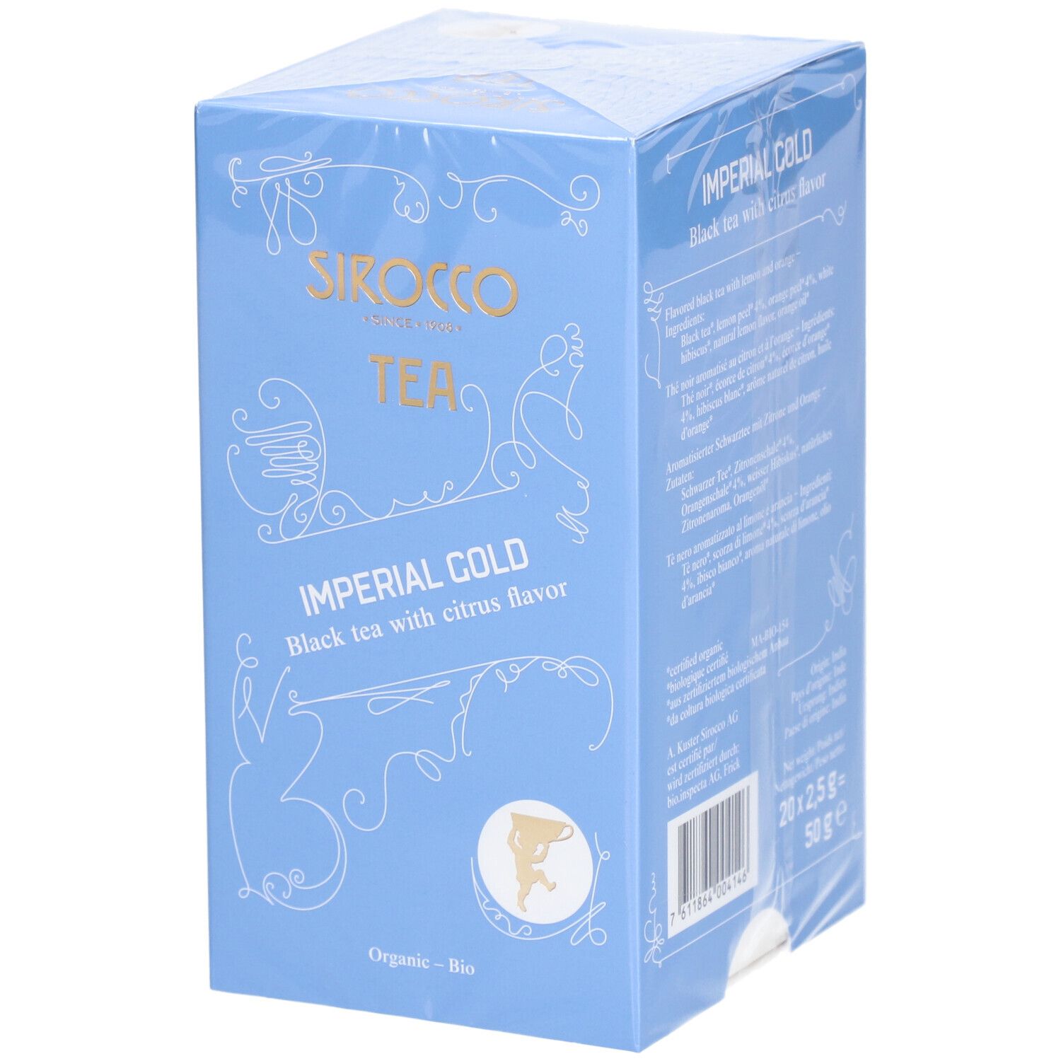 Confezione azzurra con scritta dorata. Scritta: SIROCCO TEA IMPERIAL COLD Black tea with citrus flavor. Sigillo biologico.